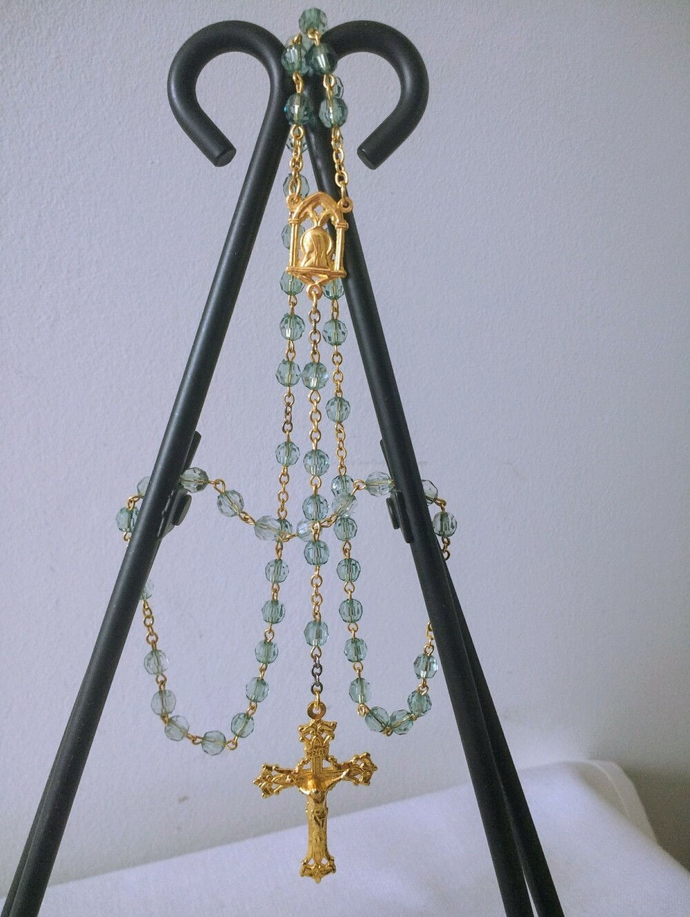 Gold-tone Cross Rosary Necklace with Light Blue-Green Beads